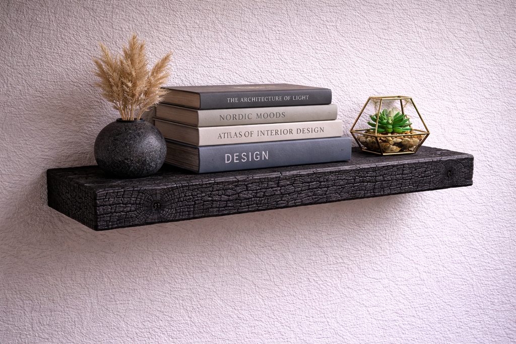 Burnt Wood Floating Shelf – Charred Timber Finish
